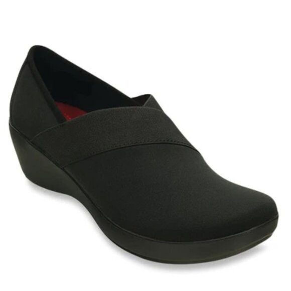 Crocs Busy Day Asymmetrical Stretch Slip On Wedge Shoes in Black Size 9 - Picture 1 of 7